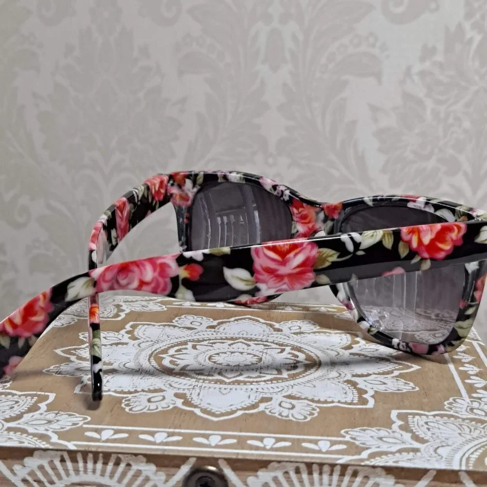 Floral Sunglasses Pink Roses on Black Background, Tinted Lenses